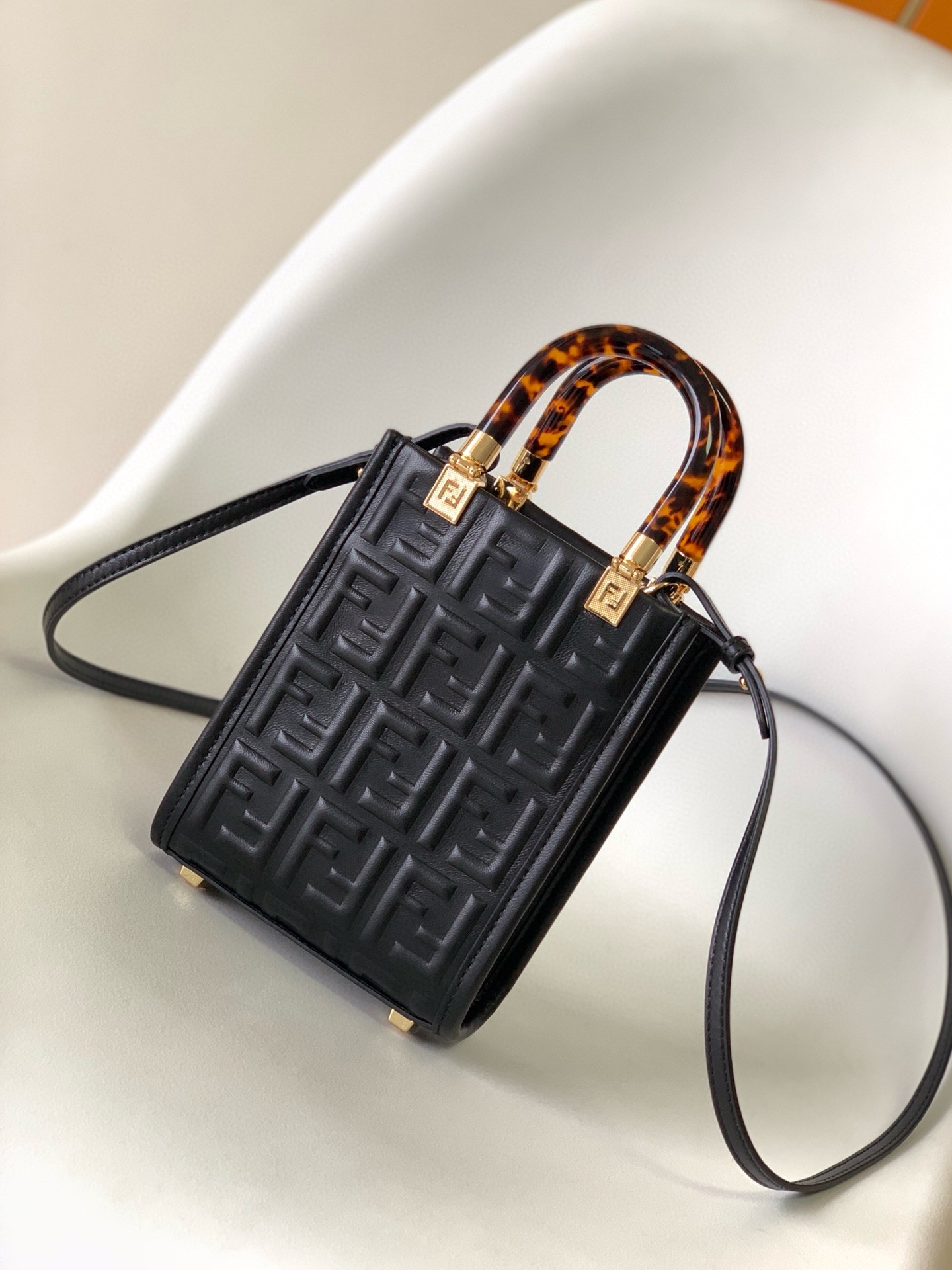 Fendi Mini Sunshine Shopper Black Leather Bag with Raised 3D-texture FF Motif